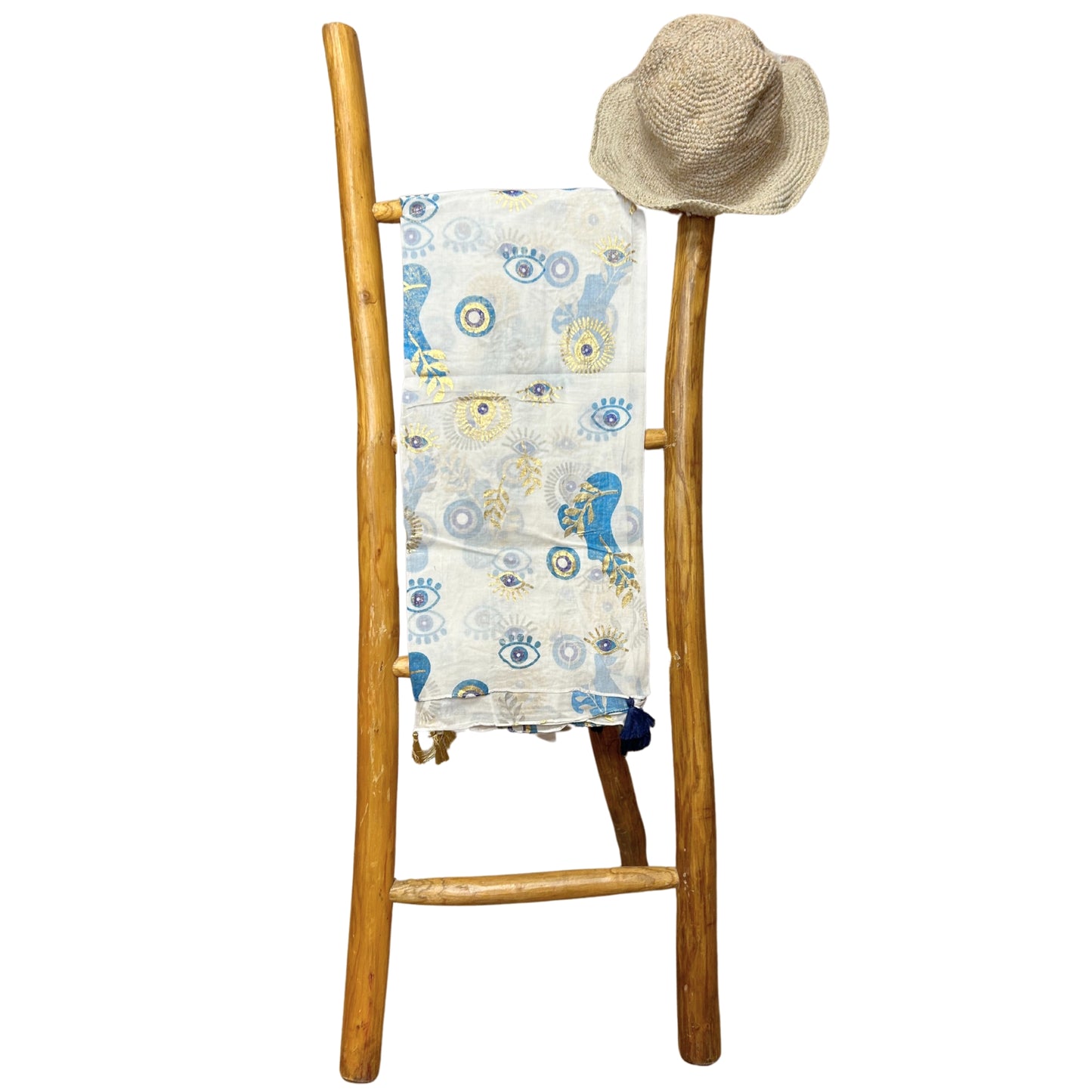 Pareo - Diseño del Ojo Maligno en Blanco, Azul y Oro- 175 x 115 cm