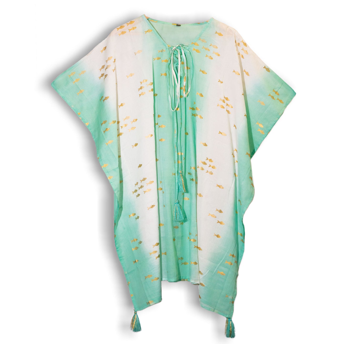 Vestido - Kaftan - Diseño de Peces en Blanco, Turquesa y Oro