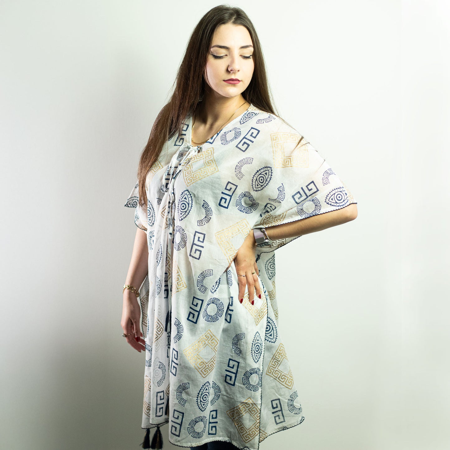 Vestido - Kaftan - Motivo Griego en Oro y Azul - Pintado a Mano
