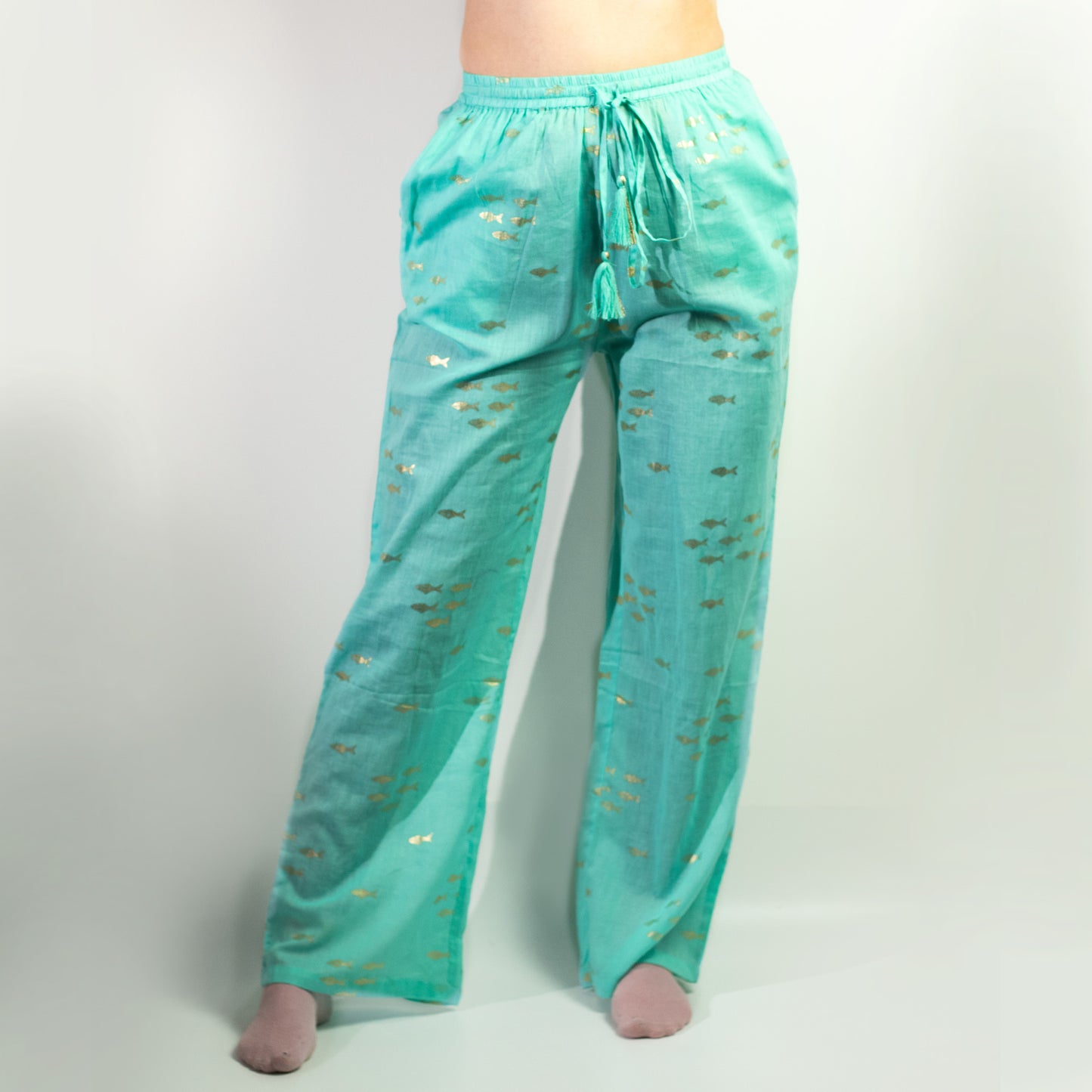 Pantalones - Diseño de Peces en Turquesa y Oro