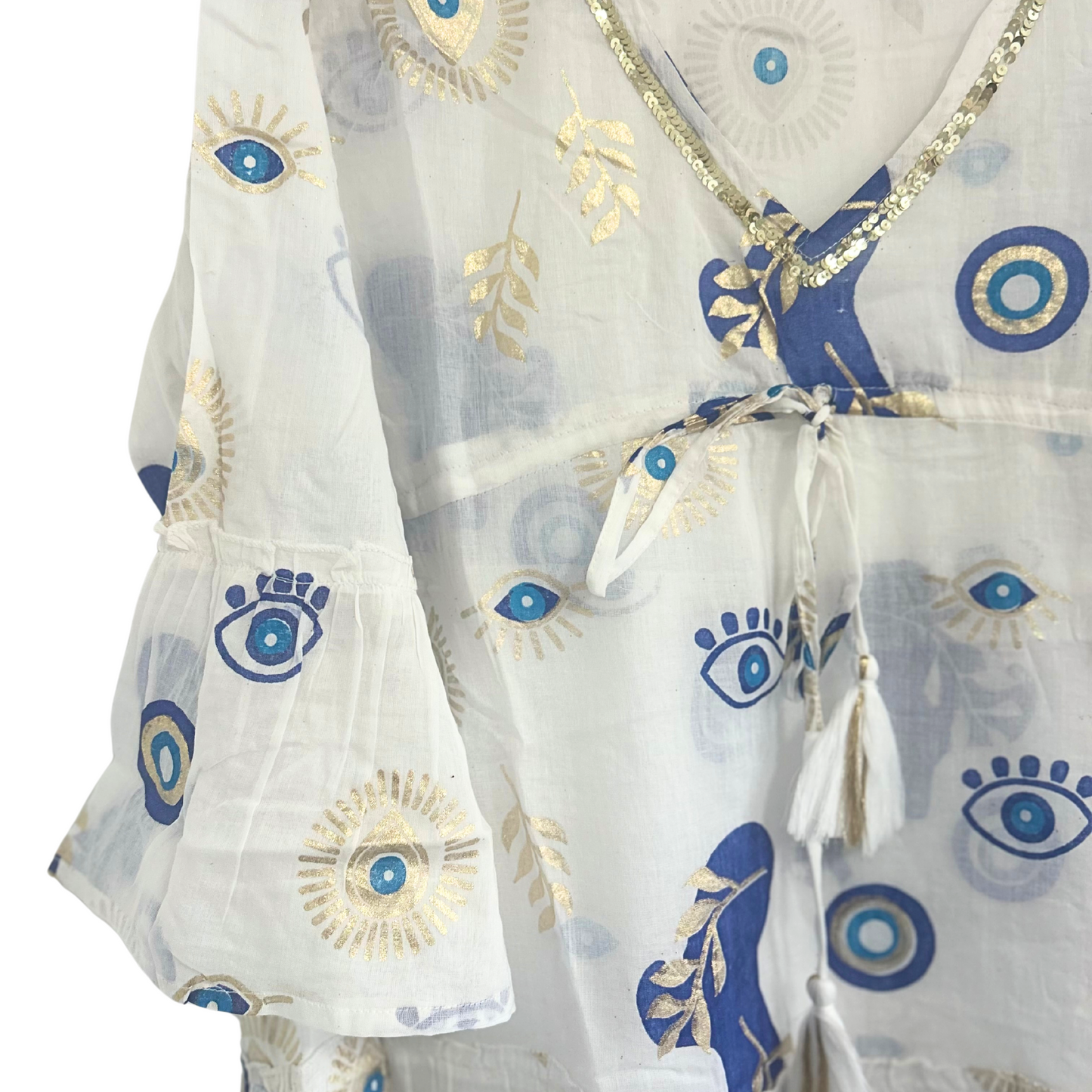 Vestido - Diseño de mal de ojo blanco, azul y dorado