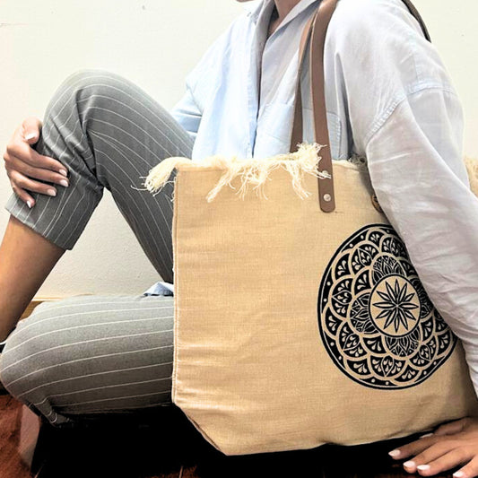 Bolso Natural Asa de Piel - Flor de la Vida