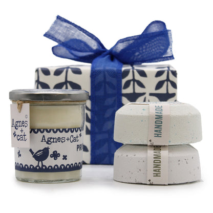 Bombas de baño Sal Marina y Musgo &amp; Dolly Azul + Vela de Violeta de Parma