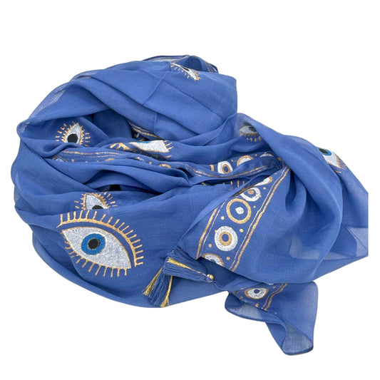 Pareo - Diseño del Ojo Maligno en Azul Rico y Dorado -175 x 115 cm