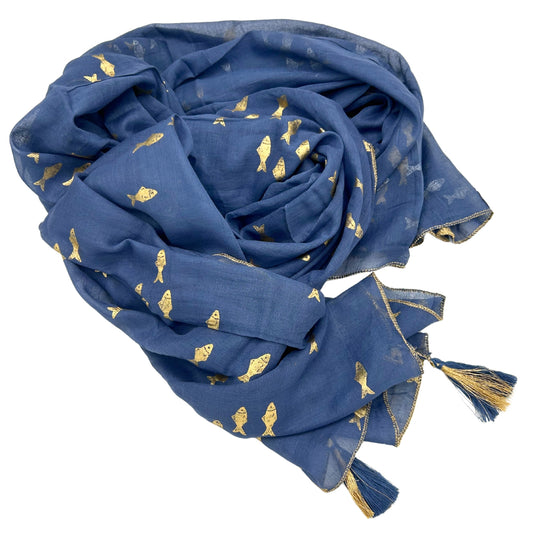 Pareo - Diseño de Peces en Azul Marino y Oro- 175 x 115 cm