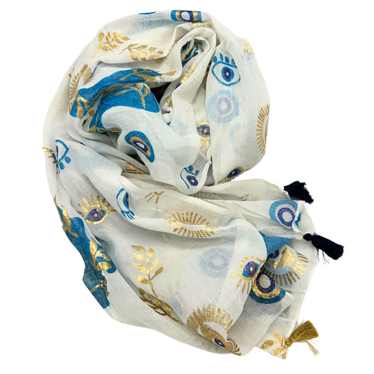Pareo - Diseño del Ojo Maligno en Blanco, Azul y Oro- 175 x 115 cm