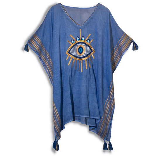 Vestido - Kaftan- Diseño del Ojo Maligno en Azul Rico y Oro