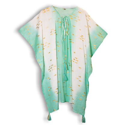 Vestido - Kaftan - Diseño de Peces en Blanco, Turquesa y Oro