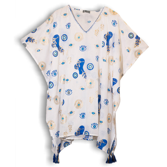 Vestido-Kaftan - Diseño del Ojo Maligno en Blanco, Azul y Oro