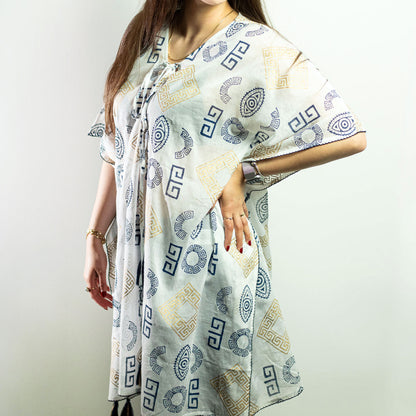 Vestido - Kaftan - Motivo Griego en Oro y Azul - Pintado a Mano