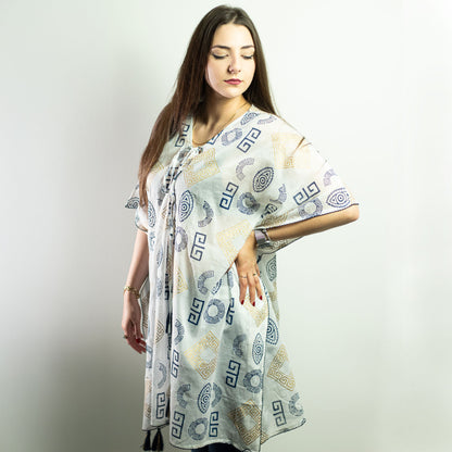 Vestido - Kaftan - Motivo Griego en Oro y Azul - Pintado a Mano