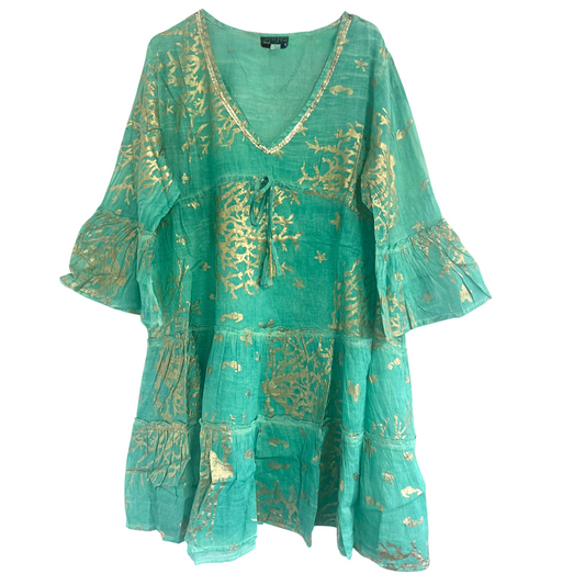 Vestido - Diseño en turquesa y coral dorado