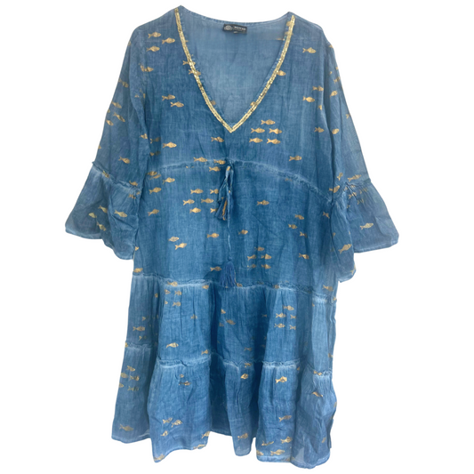Vestido - Diseño de pez azul marino y dorado
