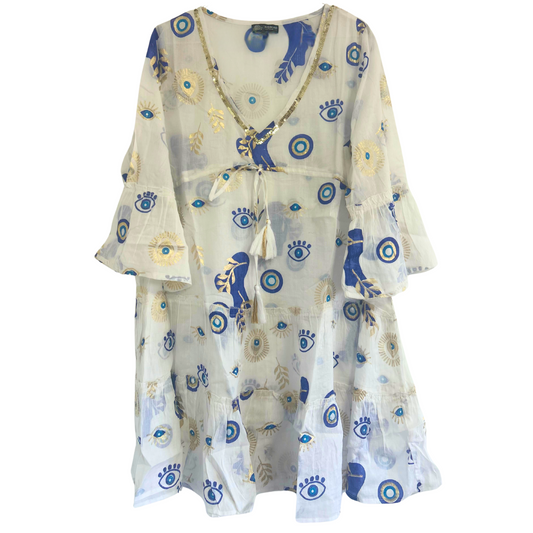 Vestido - Diseño de mal de ojo blanco, azul y dorado