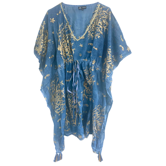 Vestido - Kaftan - Diseño de Coral en Azul Marino y Oro